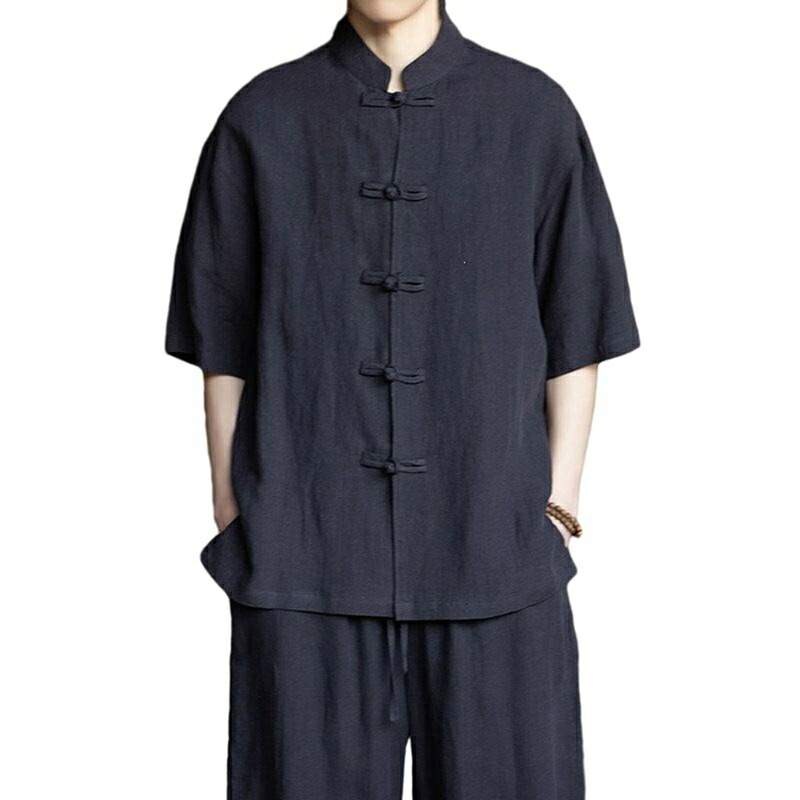 リネンプルオーバー 心地よいプルオーバー メンズ 夏服 半袖 中華風 立ち襟 無地 瀬戸もの名取り草 唐装 名取り草落ちこむ 気が大きい大きさ 薄っぺら サラサラ 吸汗通気 流行り物系 今めかしい 開襟 表どおり 冷やりとした