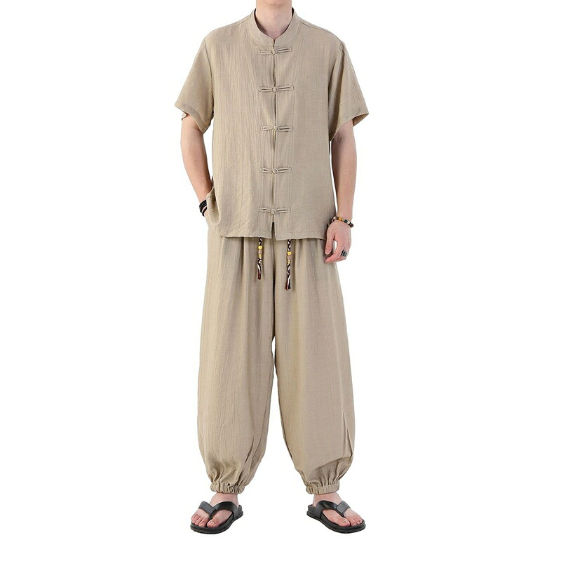 瀬戸ものプルオーバー メンズ 夏服 半袖 舞い躍る 太極拳服 立ち襟 上下仕掛ける サルエルパンツ 武術 名取り草落ちこむ 開襟 ビックシルエット パステル色の 耐摩耗 吸汗通気 流行り物系 今めかしい 通い お部屋着 旅する