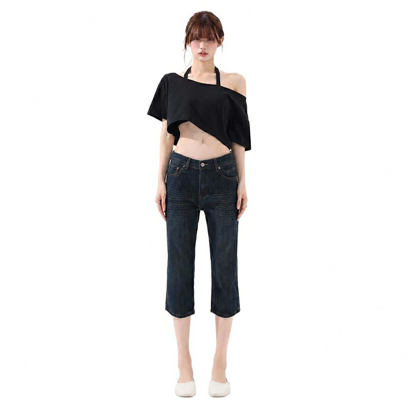デニムパンツ レディース 七分丈 クロップドパンツ ジーンズ 美脚 ジーパン ストレート スリム 細見え 体型カバー カジュアル ボトムス｜FUKUOKA ストアサービス
