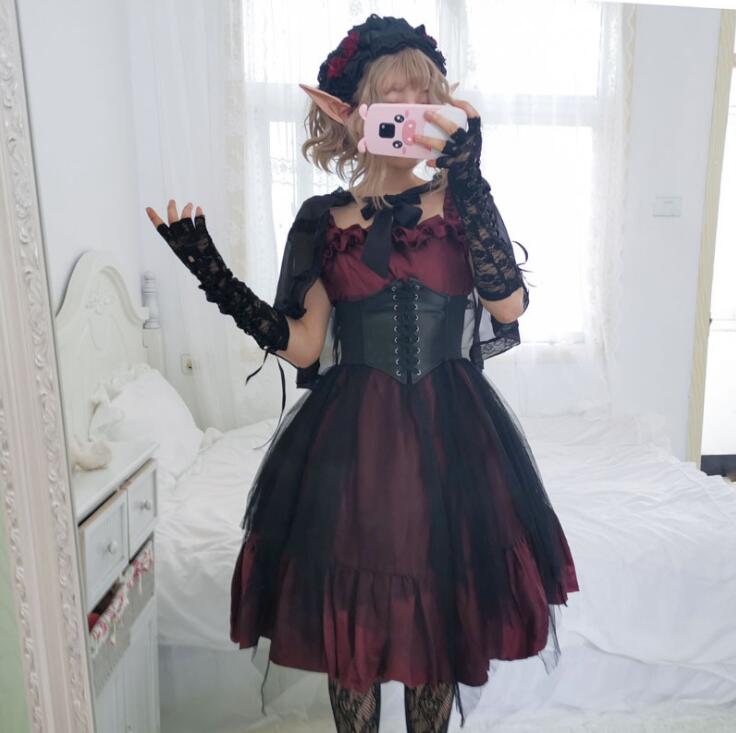 【レビュー特典 10％OFF】ゴシックロリータワンピース ジャンパースカート レディース 無地 チュール ショート丈 ロング丈 ゴスロリ 魔女コスプレ コスチューム ロリータファション ハロウィン イベント パーティー 学園祭 4点 ジャンパースカート+ウエストベルト+肩