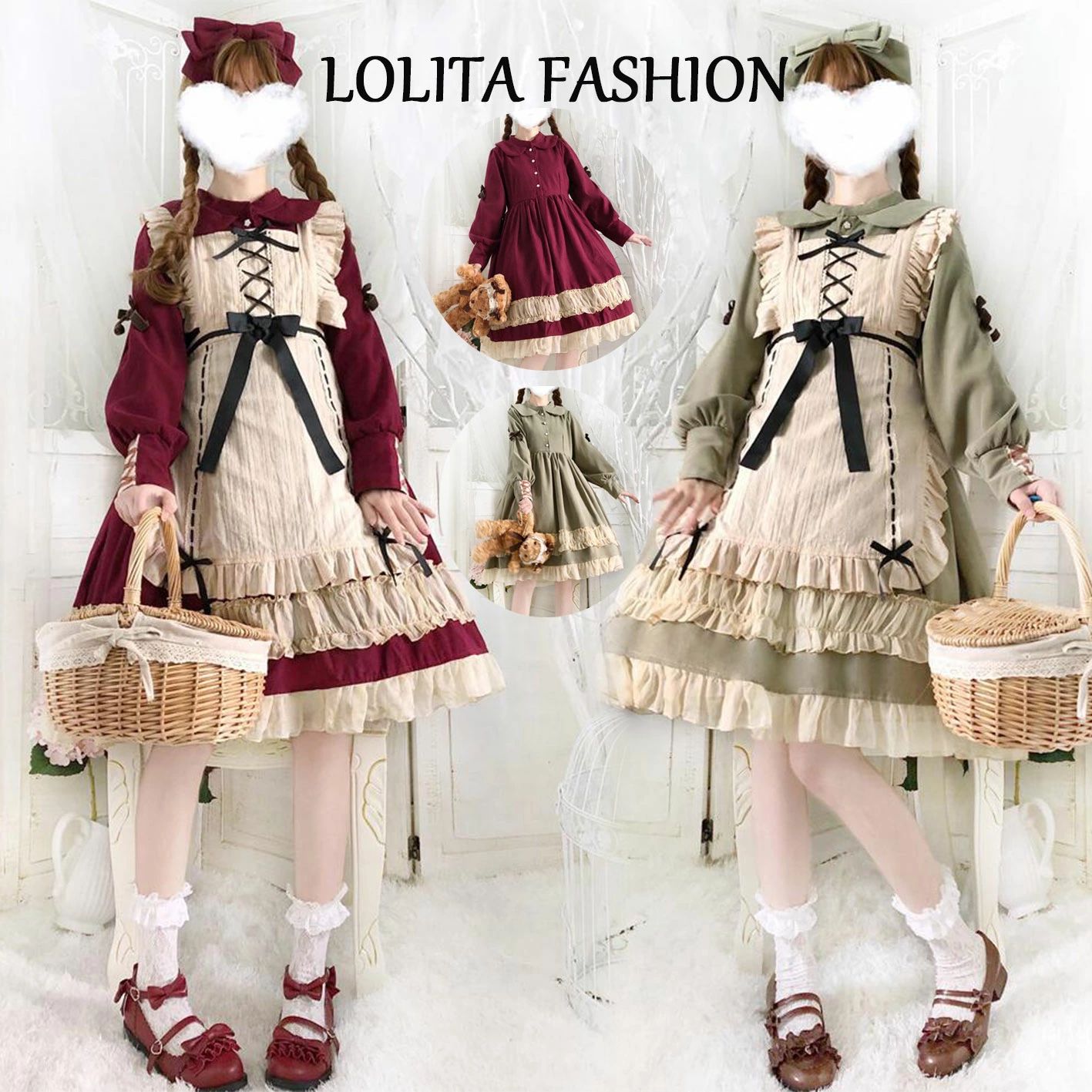 【レビュー特典 10％OFF】長袖ロリータワンピース 可愛いワンピース 甘ロリータ 甘ロリ エプロン付き  プリンセスドレス お姫様風 ロリータ服 リボン フリル ゴスロリ 可愛いコスチューム コスプレ衣装 文化祭 学園祭 かわいい 萌え イベント ロリータファション 2色
