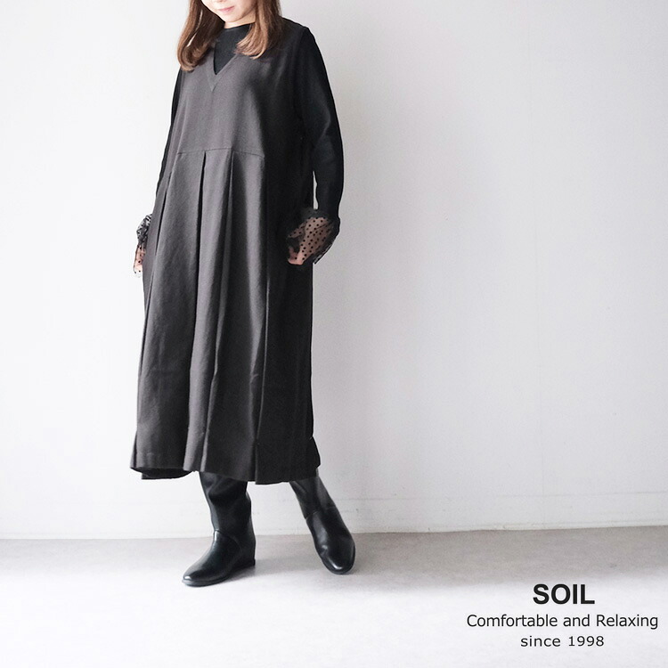 【LINE登録で500円オフクーポン】 SOIL ソイル COTTON / WOOL TWILL WEAVE PLAIN V-NECK PLEATS NO/SL DRESS INSL24723 コットン ウール ツイル ウェーブ プレーン Vネック プリーツ ドレス ワンピース 在庫限り 母の日ギフト2026 プレゼント ランキング