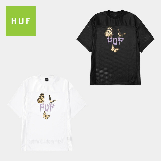 【SALE25%OFF 定価12,100円】 HUF FLY TRAP MESH CREW KN80123 フライトラップメッシュクルー 半袖Tシャツ 蝶 バタフライ バックプリント有り クルーネック トップス メッシュ素材 透ける 通気性 スポーティ ストリート カジュアル 光沢感 ブラック ホワイトハフ 正規取扱店