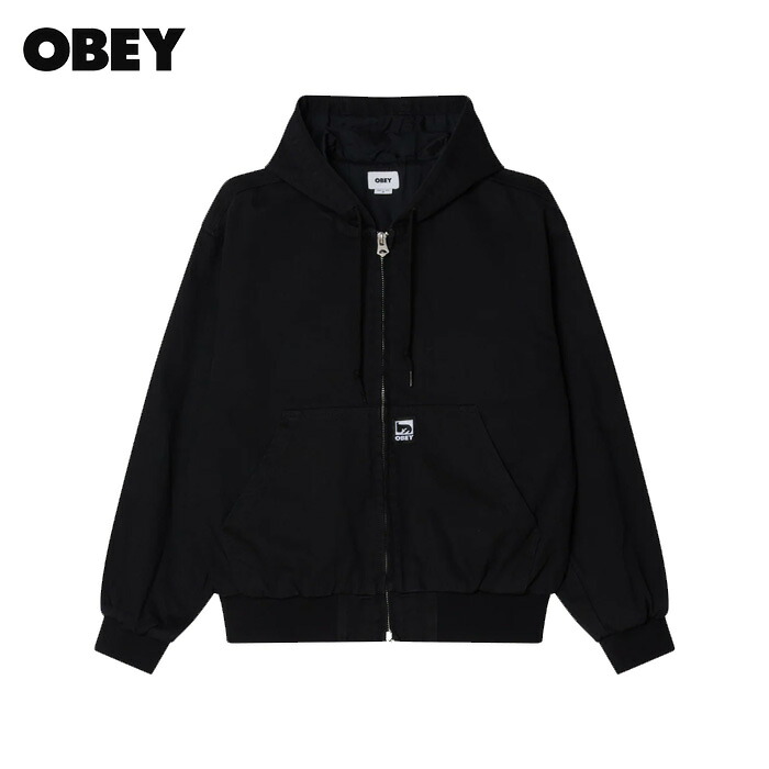 【SALE25%OFF 定価28,600円】 OBEY GLEN ZIP UP JACKET 121800593-25F デニムジップアップジャケット アウター 黒 無地 ロゴ 古着風 洗い加工 メンズ ストリート ブランド オベイ 正規取扱店