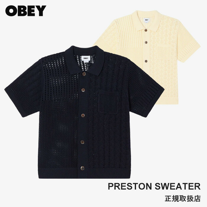 OBEY PRESTON SWEATER SHIRT 151010047 メンズ プレストンセーターシャツ ショートスリーブ 半袖シャツ 春夏 ネイビー 紺 ナチュラル 白 羽織 軽い着心地 古着ファッション ストリート ブランド 新品 正規品 オベイ 正規取扱店｜STiTCH2004