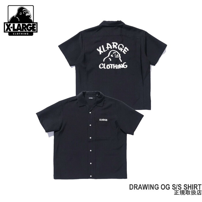 XLARGE DRAWING OG S/S SHIRT 101262014002 図面OGショートスリーブシャツ 半袖 羽織 黒 うしろ側ロゴタイプ トップス 分かりやすい 心地よい 表どおり エクストララージ 置き目取りまわし店