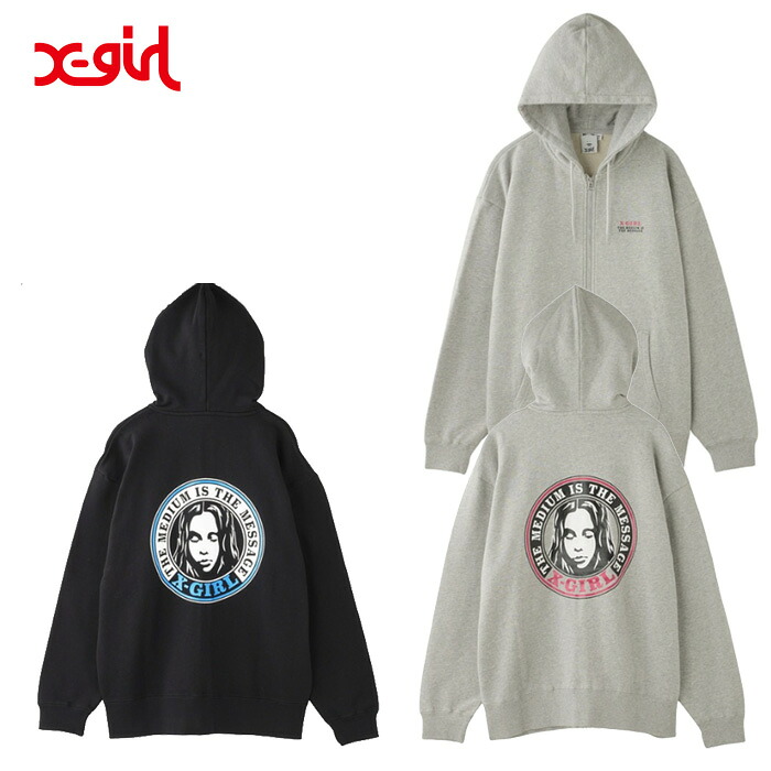 X-girl CIRCLE LOGO AND FACE ZIP UP SWEAT HOODIE 105253012001 サークルロゴアンドフェイスジップアップスウェットフーディー パーカー 羽織 プリント 黒 灰色 大人 レディース エックスガール 正規取扱店
