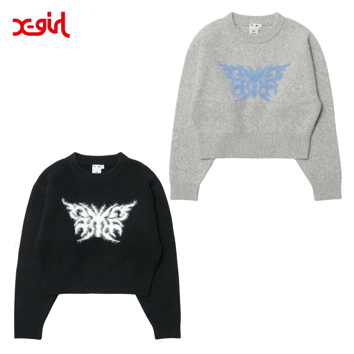 X-girl TRIBAL BUTTERFLY KNIT TOP 105254015017 トライバルバタフライニットトップ セーター トップス 黒 グレー ショート丈 レディース エックスガール 正規取扱店