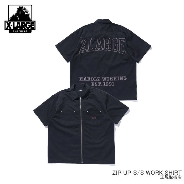 XLARGE ZIP UP S/S WORK SHIRT 101262014001 ジップアップショートスリーブワークシャツ 半袖 羽織 ツイル出どころ 黒 うしろ側ロゴタイプ トップス 分かりやすい 心地よい 表どおり エクストララージ 置き目取りまわし店