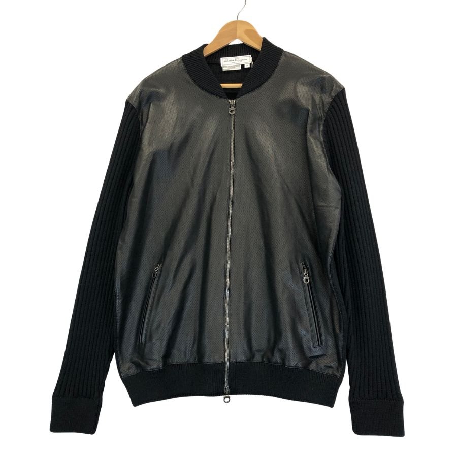 サルヴァトーレ フェラガモ レザー×ニット 切替 ブルゾン パンチングレザー サイズXL ブラック Salvatore Ferragamo【AFB34】【中古】|ストックラボ