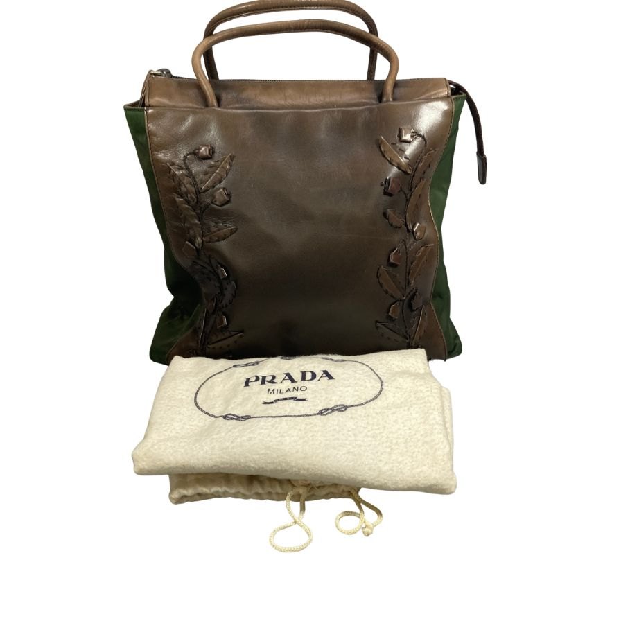 プラダ B6147 御花画題 トートバッグ なめし革×ナイロン 二人組 赤銅色×カーキ PRADA【AFE1】【中古】