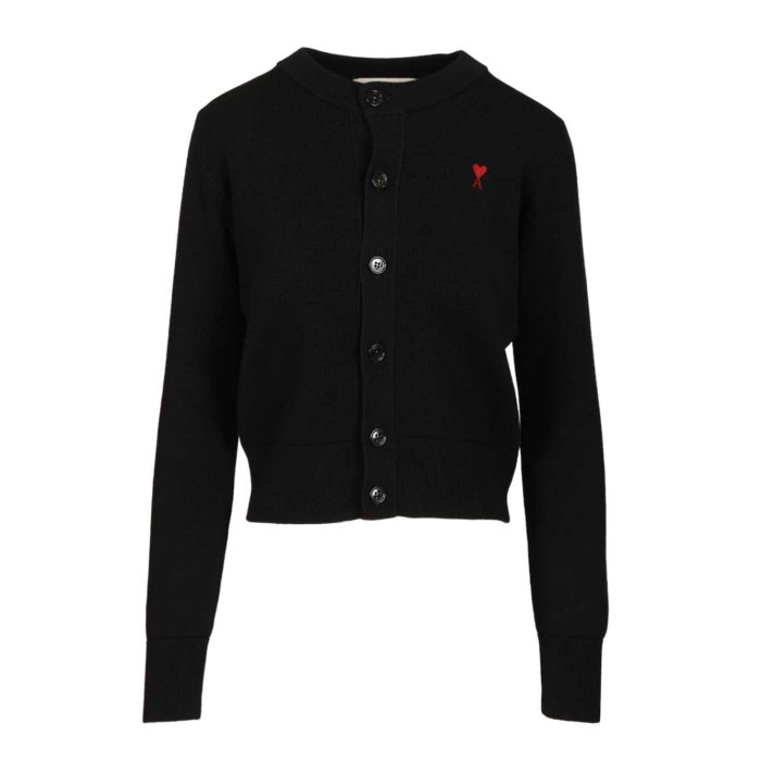 未使用級 現行 ami メリノウール カーディガン ブラック ロゴ刺繍