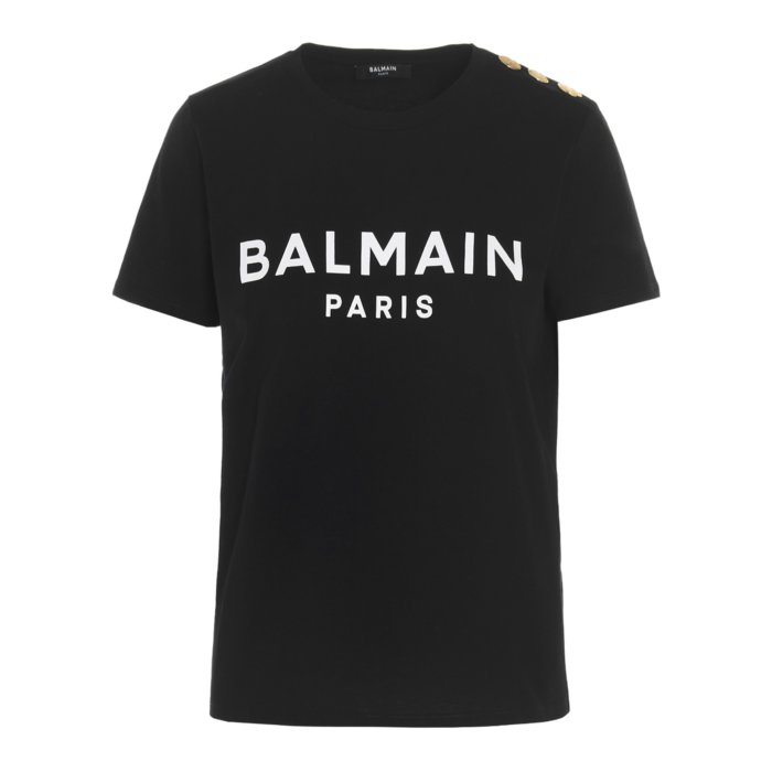 大人もＯＫ　バルマン ロゴ キラキラ ゴールド Tシャツ 金ボタン 14A BALMAIN - 【ラスト1点】Black Cotton T-shirt Gold Balmain