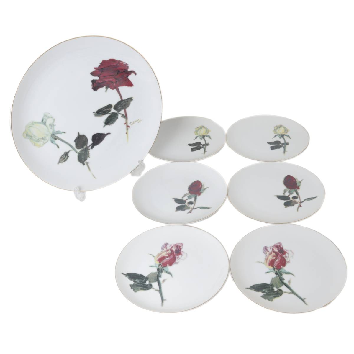 【中古】 NARUMI ナルミ 鳴海製陶 大皿 1枚 中皿 6枚 薔薇絵 金彩 計7枚セット CHINA 磁器 直径約19cm／30.5cm NT 美品 ABランク