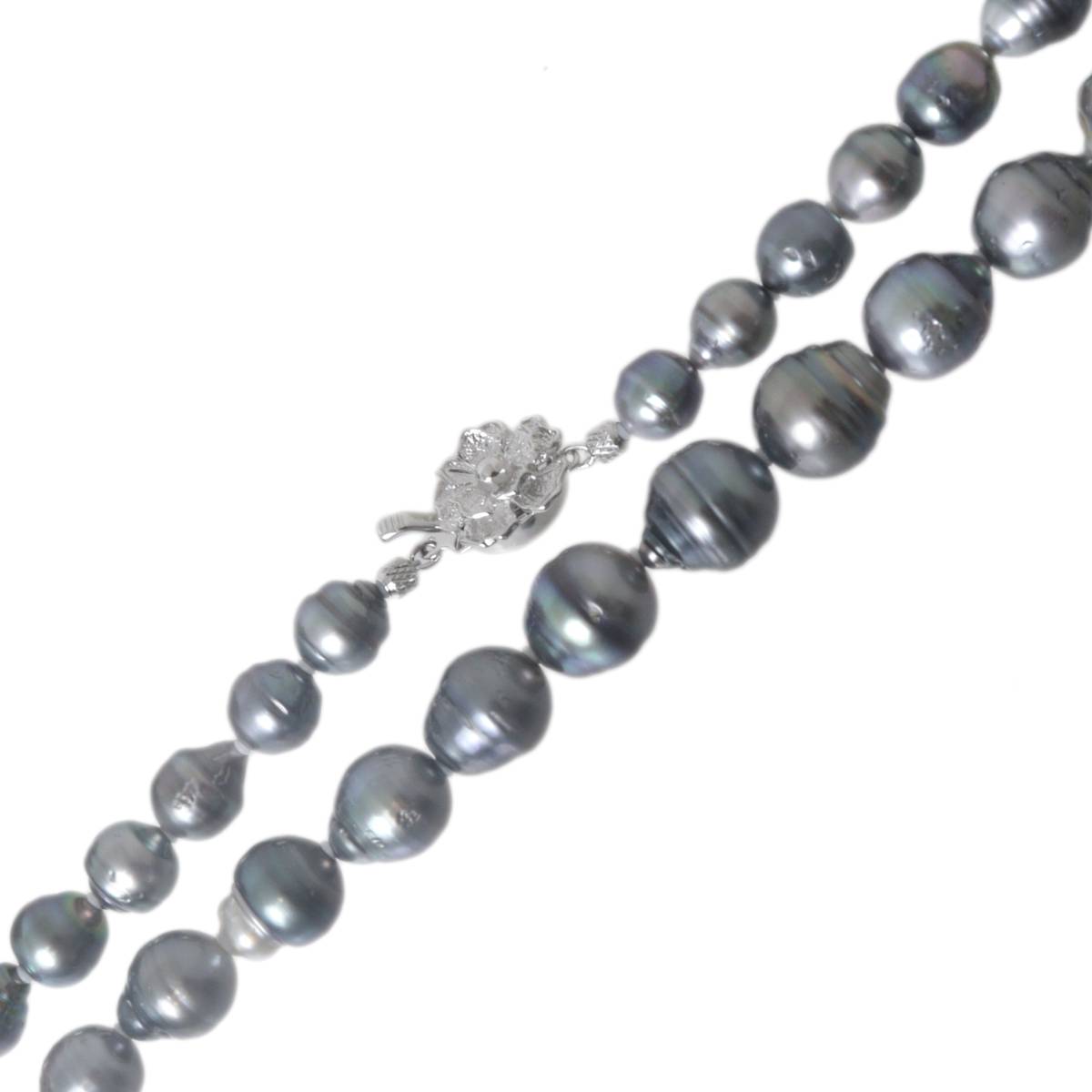 【中古】 黒蝶真珠 ネックレス サークル バロック 黒蝶真珠×SILVER グレーグリーン、グレーブルー 首回り約46cm 真珠8.7~11.8mm 重量55.9g NT Bランク