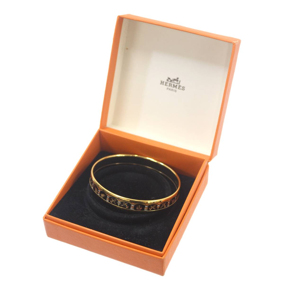 【中古】 HERMES / エルメス バングル エマイユ 楽器モチーフ Maid in Austria + A ゴールド・ブラック 七宝焼 NO Bランク
