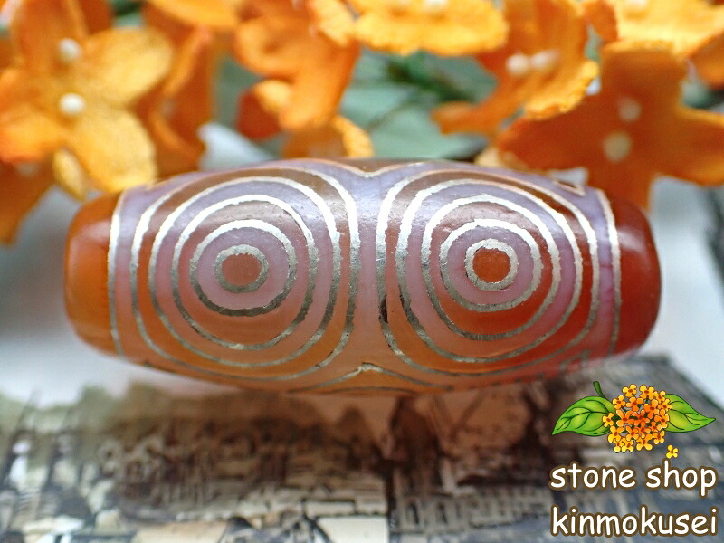 【チベット銀線天珠】龍眼天珠 橙 ハンドメイド 【一点物】 【※注意事項あり】｜stoneshop金木犀店