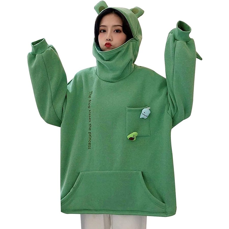 蛙 パーカー ジップアップ レディース カエル形 かわいい 無地 フーディ 長袖 女の子
