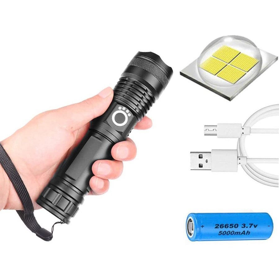 XHP50.2 LED懐中電灯充電式、 30000ルーメン超高輝度懐中電灯ズーム可能5モード戦術懐中電灯キャンプ用電源インジ(tg193)