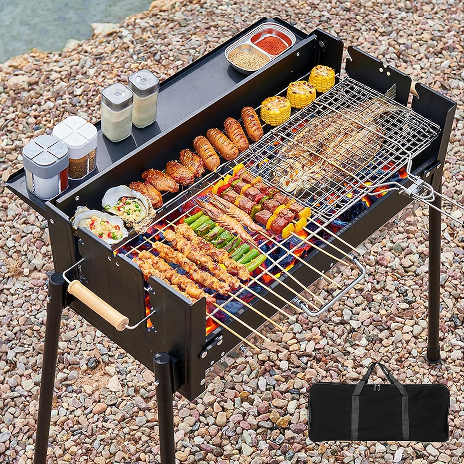 バーベキューコンロ バーベキューグリル BBQグリル折りたたみ 焚き火台 大型 8人用 BBQコンロ 火力調節可能 調味料棚(wt036) 9,802円