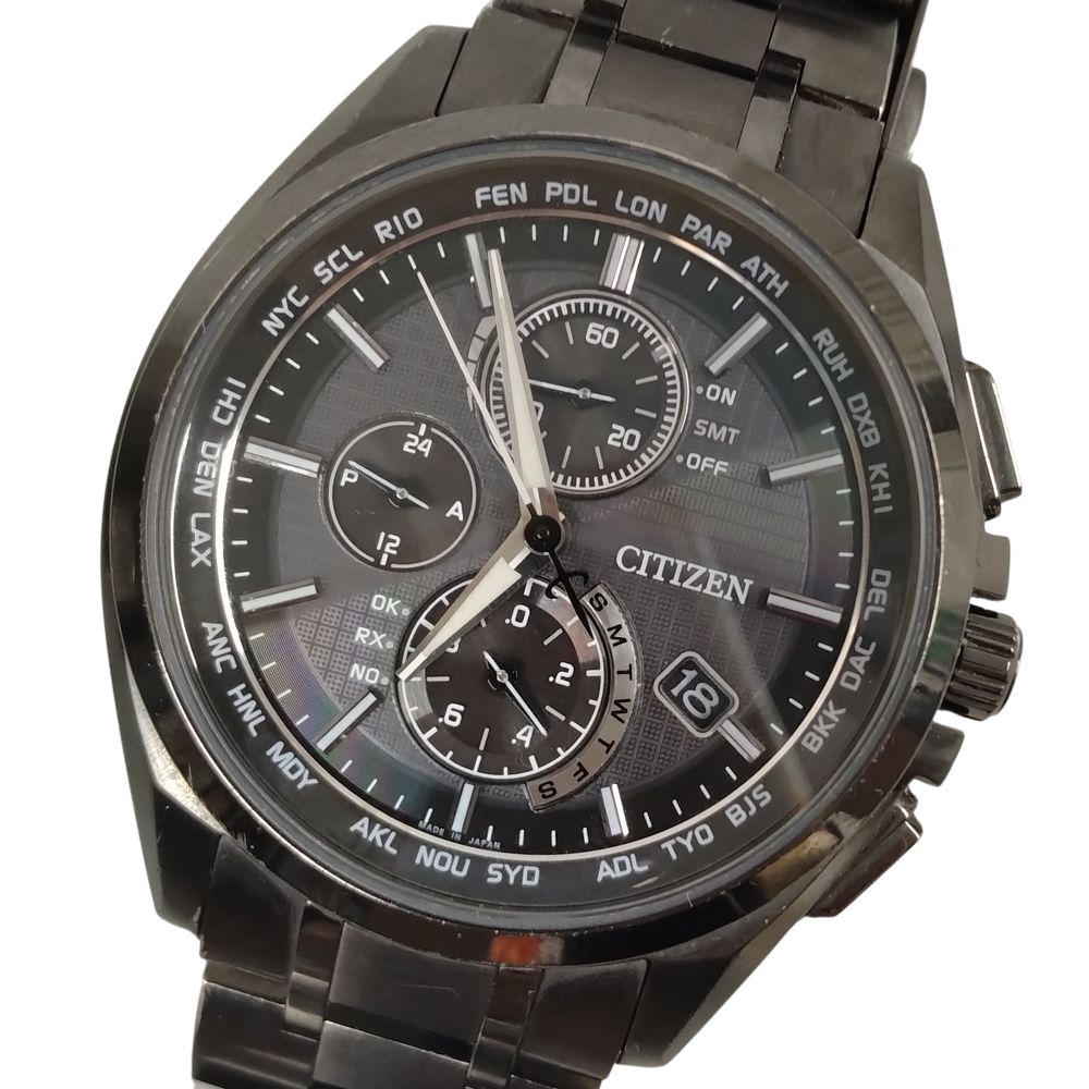 美品★CITIZEN アテッサ AT8166-59E/H800-T023975 メンズ クロノグラフ エコドライブ★箱付き[322832 dショッピング |シチズン アテッサ ブラックチタン エコドライブ電波