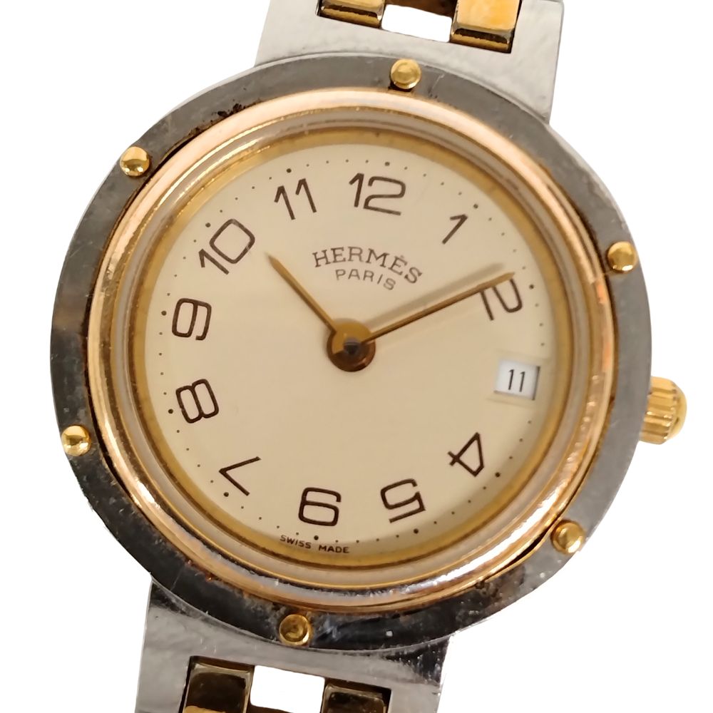 HERMES エルメス クリッパー デイト 象牙色文字記号盤 二人組 石英 レディース ウォッチ 置き目品 / C652【中古】