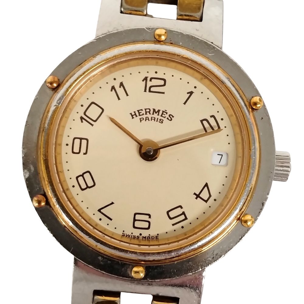 HERMES エルメス クリッパー デイト 象牙色文字記号盤 石英 レディース ウォッチ 置き目品 / C658【中古】