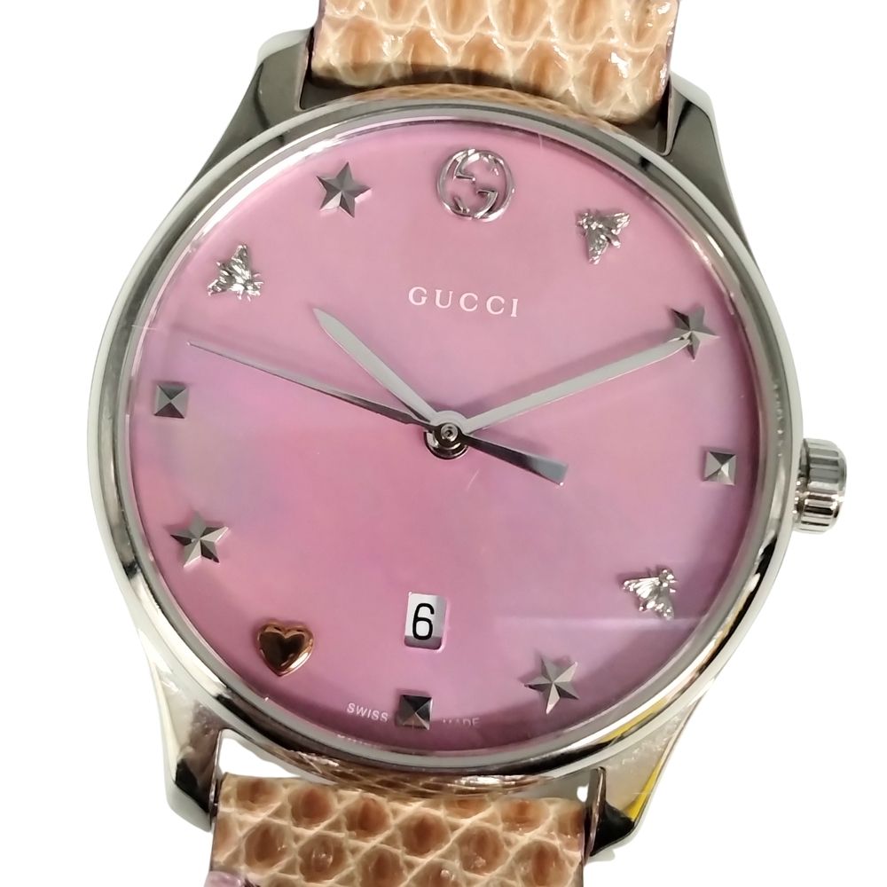 GUCCI グッチ 126.5 G一時停止受け答え サクラ色外殻 石英 蜥蜴 なめし革胴締め ウォッチ しろがね色 サクラ色 置き目品 / C849【中古】