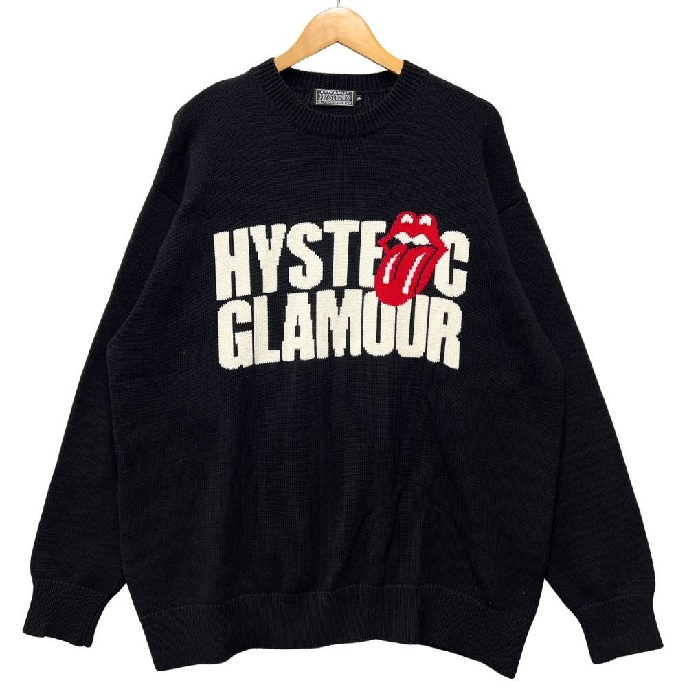 HYSTERIC GLAMOUR ヒステリックグラマー × THE ROLLING STONES LOGO TONGUE 編込 綿織物 編み物 プルオーバー 黒いこと XL 定め事品 / 55277【中古】