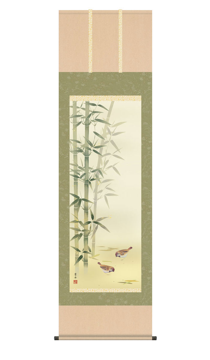 楽天市場】掛け軸 掛軸 竹に雀 たけにすずめ 幅44.5×高さ約164cm 浮田