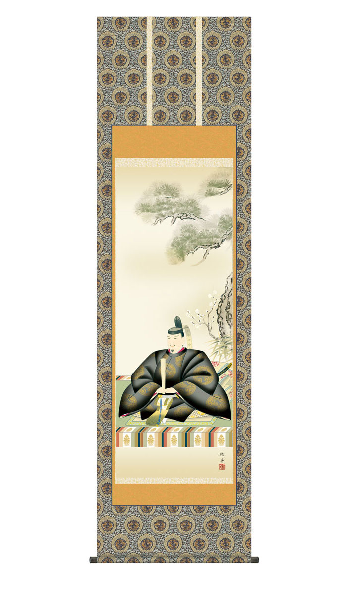 掛け軸 掛軸 慶事飾り 慶祝画 天神 てんじん 幅54.5×高さ約190cm 長江桂舟 尺五 金襴緞子本丸表装 桐箱畳紙収納 絵 モダン おしゃれ 床の間 和室 日本画 収納箱 壁掛け 壁 飾る|収納ベッド専門店