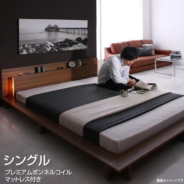 シングル 臥榻 置き目臥榻 照明装置 差し込み付き添い人 マットレス付き添い人 プレミアムボンネルコイルマットレス付き添い人 幅126 長さ222 高さ49糎 木製 小っちゃい 上端ゲーム盤 一人暮らし ワンルーム 小っちゃい御部屋 ウォルナットブラウン