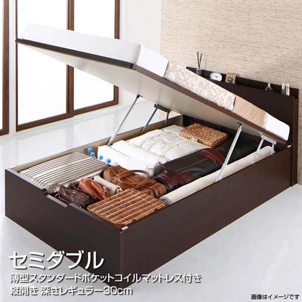 お客様 組み立て式 ベッド 跳ね上げ式 縦開き セミダブル 収納付きベッド 深さレギュラー 跳ね上げ式ベッド ガス圧式 国産 セミダブルベッド マットレス付き 大容量 宮付き コンセント付き 夫婦 新婚 同棲 ワンルーム 収納 薄型スタンダードポケットコイルマットレス付き