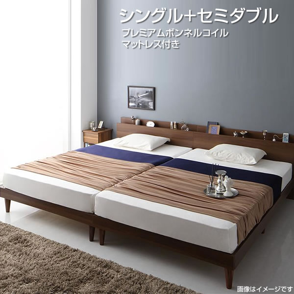 広いベッド すのこベッド 2台 ツインベッド （シングル+セミダブル） プレミアムボンネルコイルマットレス付き 宮付き コンセント付き 棚付き 頑丈 丈夫 家族ベッド ファミリーベッド 親子ベッド ホテル 寝室 夫婦 同棲 カップル 分割 シンプル 敷きふとん対応 73,584円