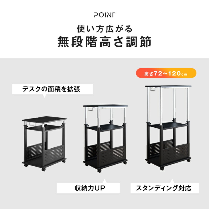 置くだけL字デスク化!ゲーミングサイドワゴン昇降式72〜120cm