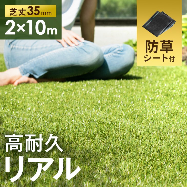 人工芝 リアル 2m×10m 2本セット芝丈35mm 密度2倍 高耐久固定ピン付-