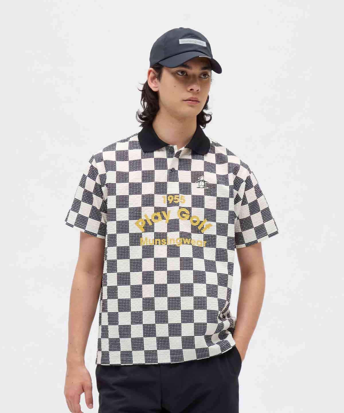 【公式】マンシングウェア MUNSINGWEAR チェッカーフラッグ総柄プリント半袖ポロシャツ メンズ 男性 吸汗速乾 ストレッチ ウェア ゴルフ おしゃれ スポーツ ブランド MG5FHS50M 2025年秋冬モデル