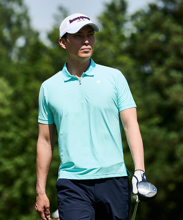 【堅苦しさ】ルコックスポルティフ ゴルフ le coq sportif golf 【小祝さくら労働者階級締めくくる】当たること冷感ハーフジップ半袖プルオーバー メンズ 成人男性 吸汗速乾 伸ばすこと UPF50+ 当たること冷感 ゴルフ LG5FHSD2M
