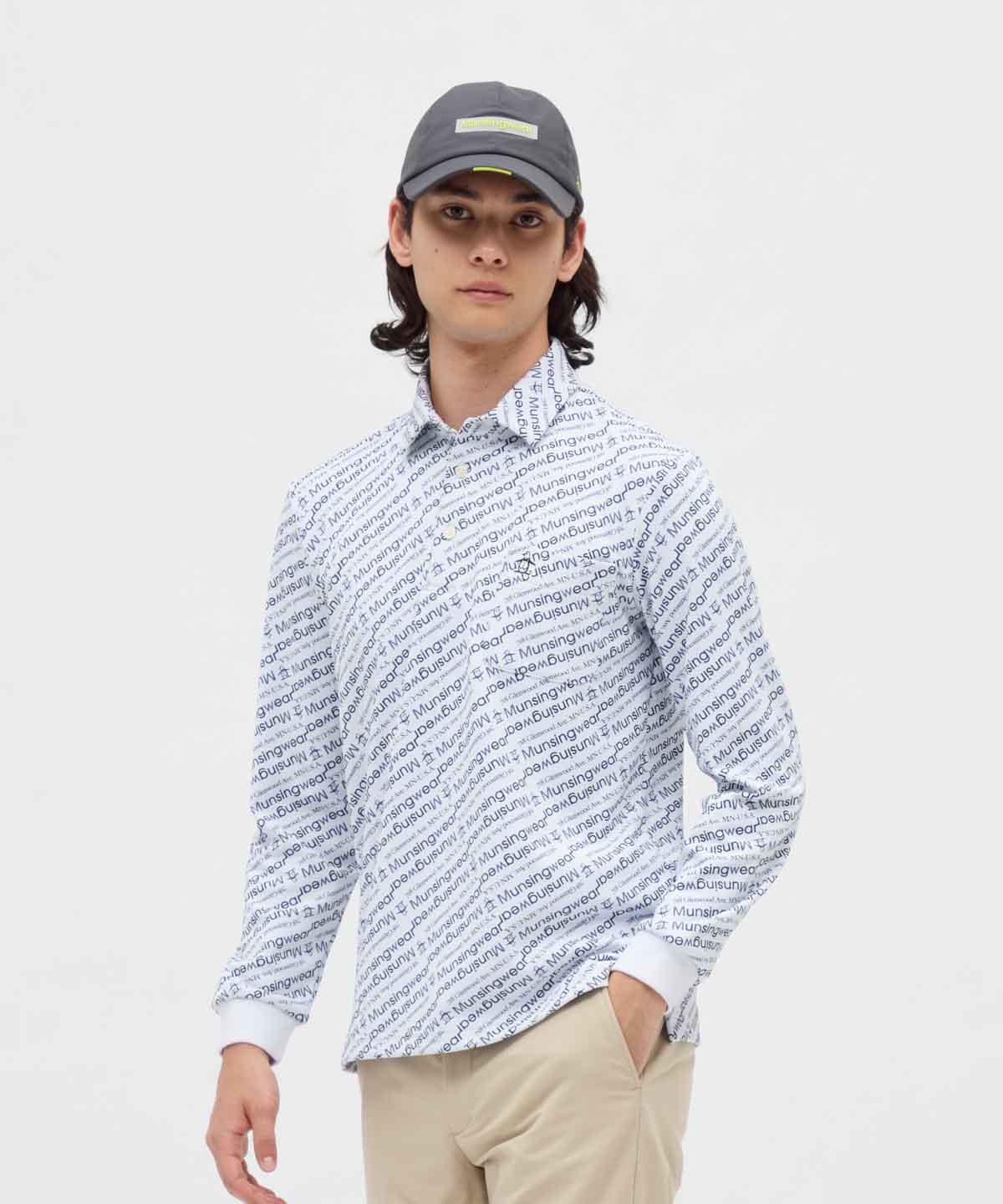 【堅苦しさ】マンシングウェア MUNSINGWEAR HEAT NAVI ロゴタイプ総柄刷り上げる台衿付き添い人長袖スポーツシャツ メンズ 成人男性 吸汗 伸ばすこと UVとり捨てる UPF50+ 蓄熱保温 プルオーバー ゴルフ スポーティー MG5FLS27M