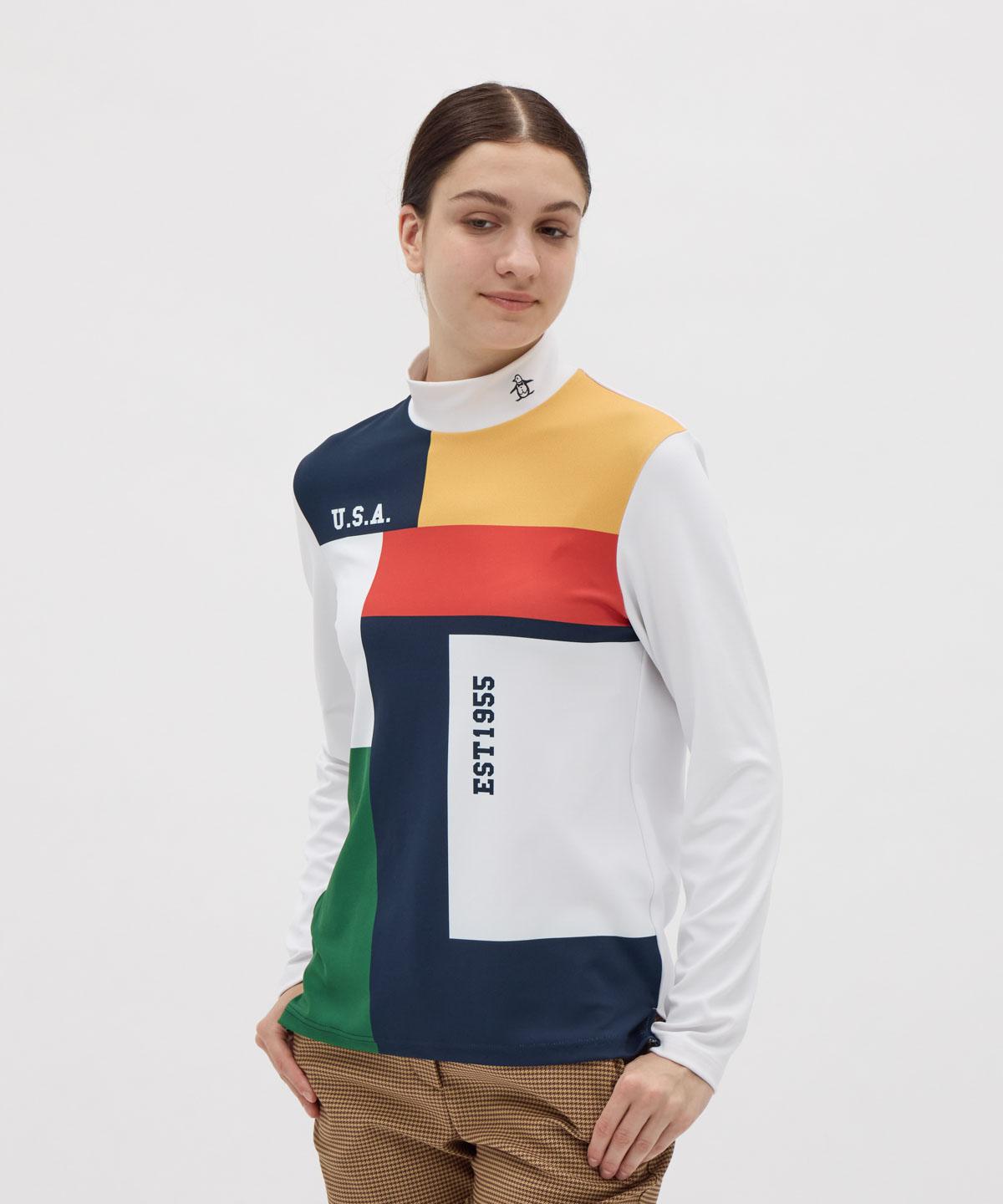 【公式】マンシングウェア MUNSINGWEAR 防風ストレッチパネルプリントハイネック長袖シャツ レディース 女性 吸汗 UVカット UPF50+ スポーティー レトロ ゴルフ おしゃれ MG5FLS29L 2025年秋冬モデル