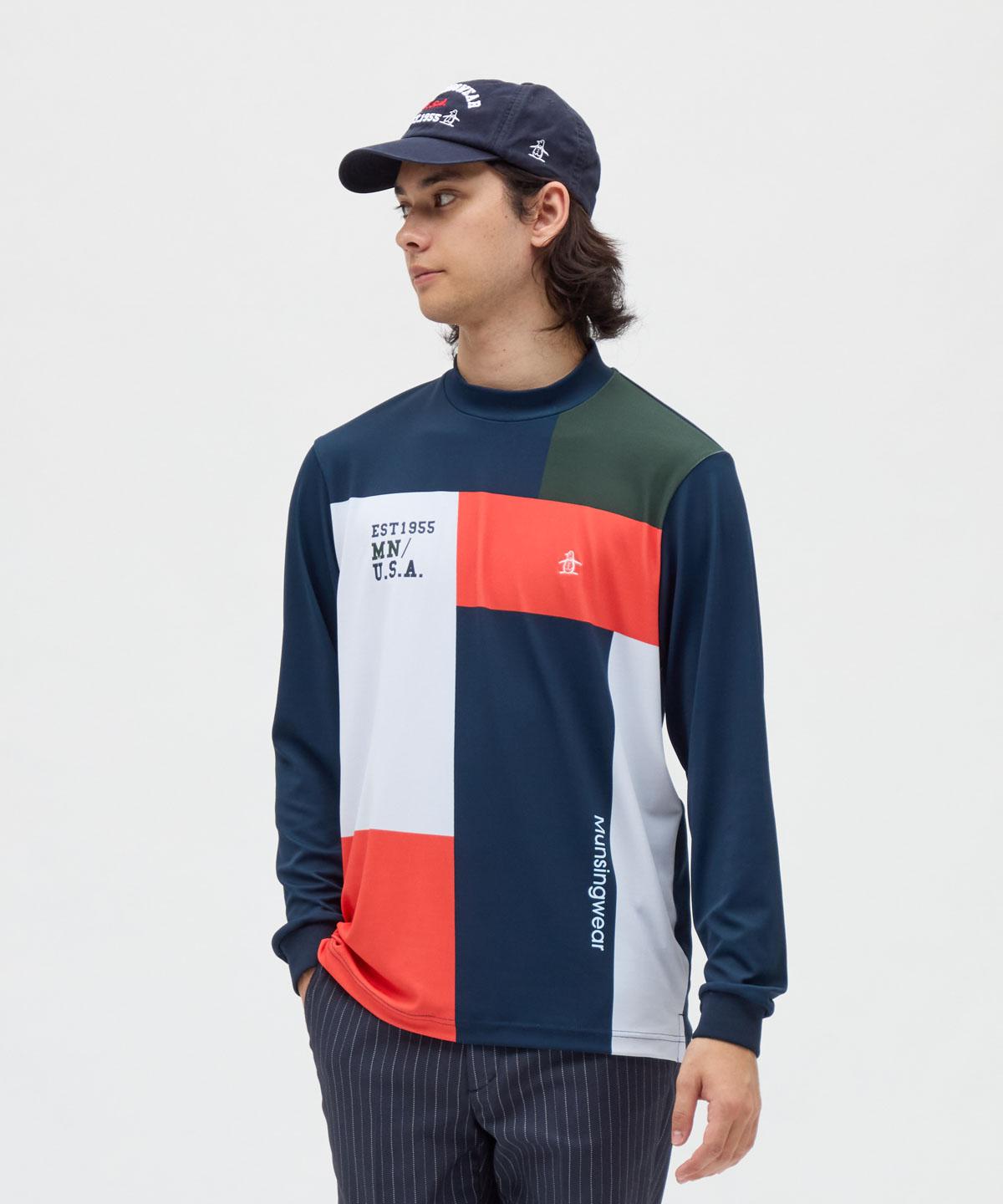【堅苦しさ】マンシングウェア MUNSINGWEAR 防風ストレッチブロッキングプリント長袖モックネックシャツ メンズ 成人男性 UVとり捨てる UPF50+ 吸汗 ゴルフ 今めかしい MG5FLS30M