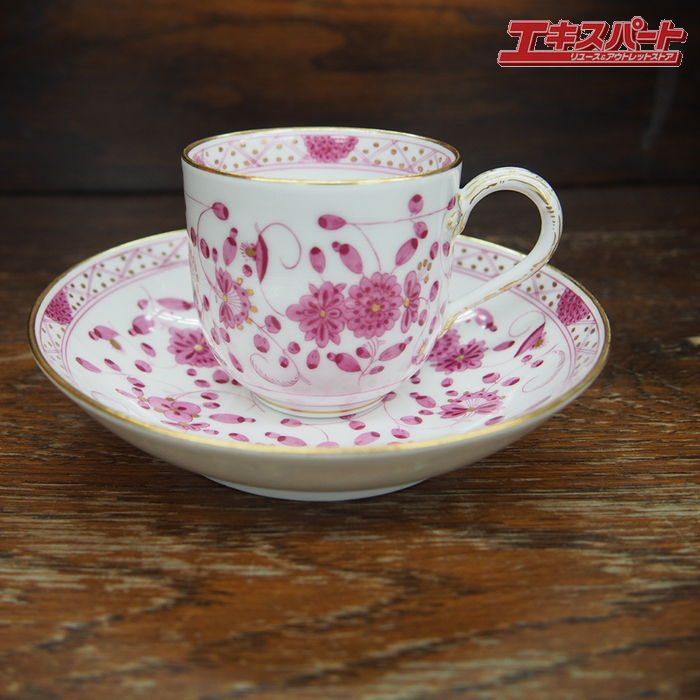 マイセン ボタン剣 1850年 1924年 古マイセン インドの花 リッチピンク カップ ソーサー アンティークマイセン 辻堂店【中古】