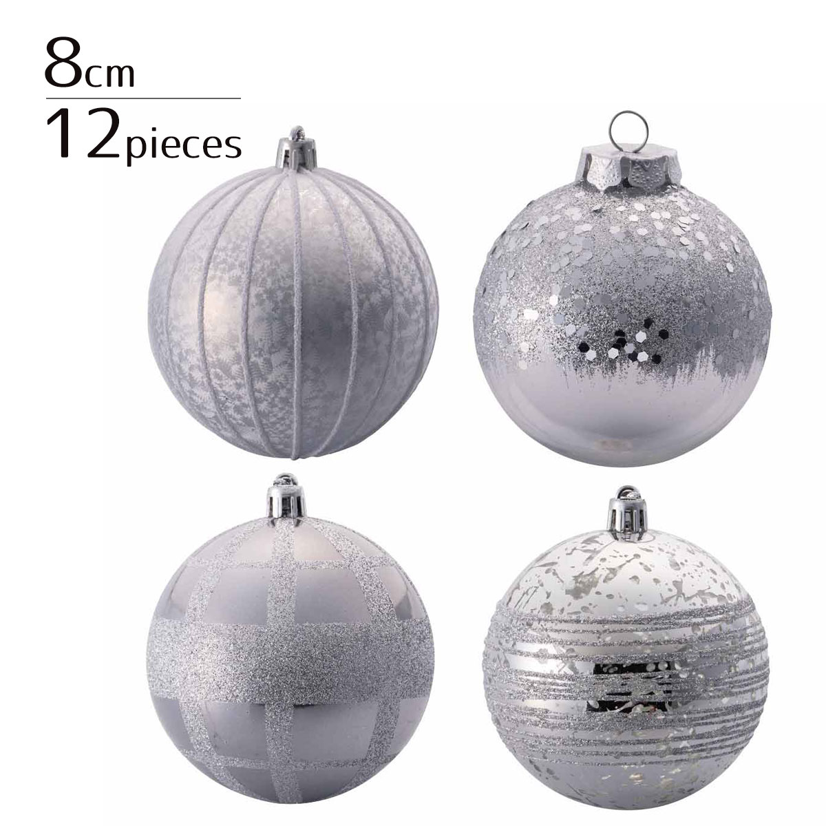 【12個入り／直径8cm】プラスチックオーナメントボール シルバー<br><br>クリスマス 飾り 装飾 オーナメント ボール