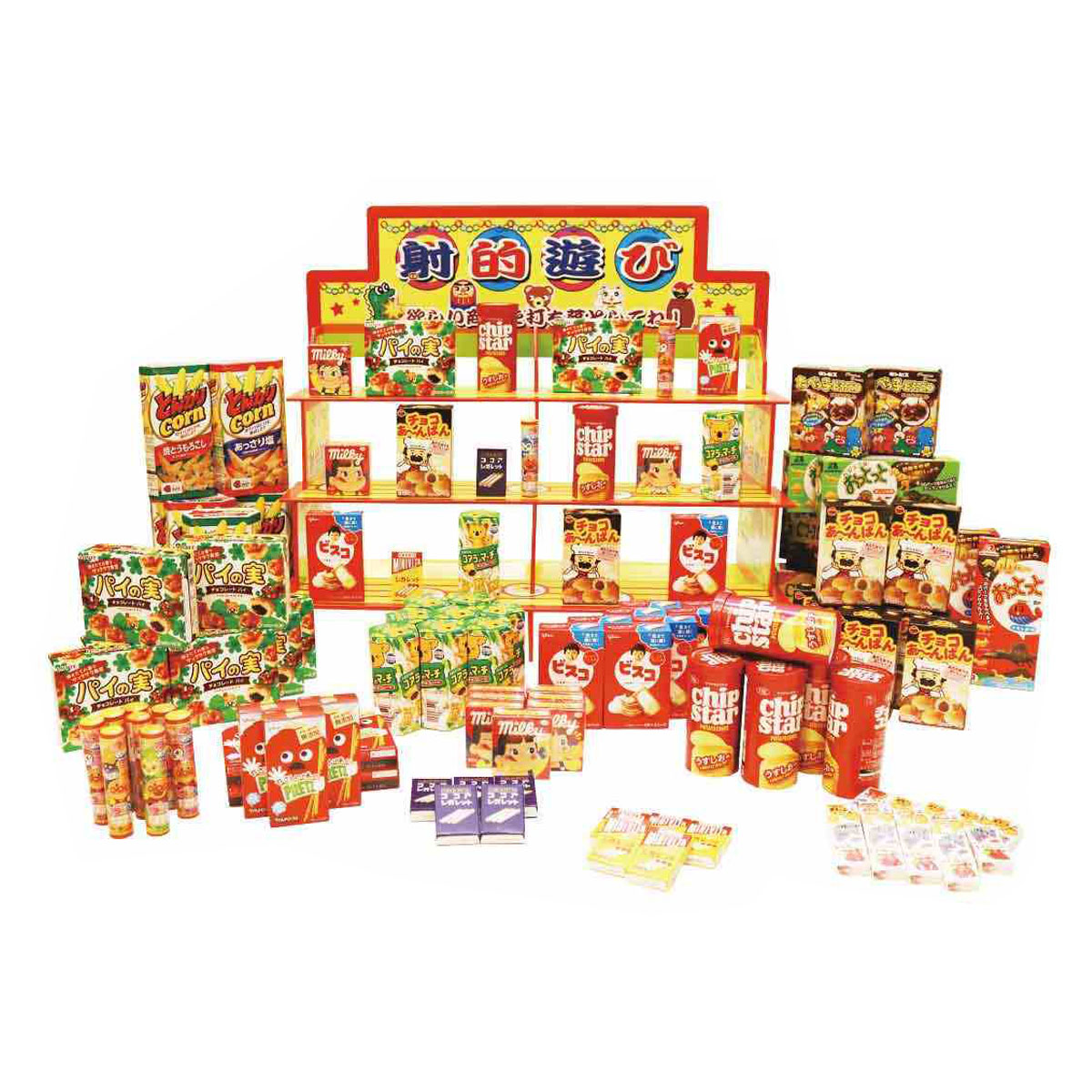 【返品不可】100人用お菓子射的バンバン大会 1セット<br><br>ディスプレイ台、吸盤鉄砲2丁、吸盤玉20個に、景品のお菓子がセットになった便利なゲームセットです。<br><br>送料無料 縁日 祭り 子供会 イベント 射的 夏祭り 子供 縁日セット