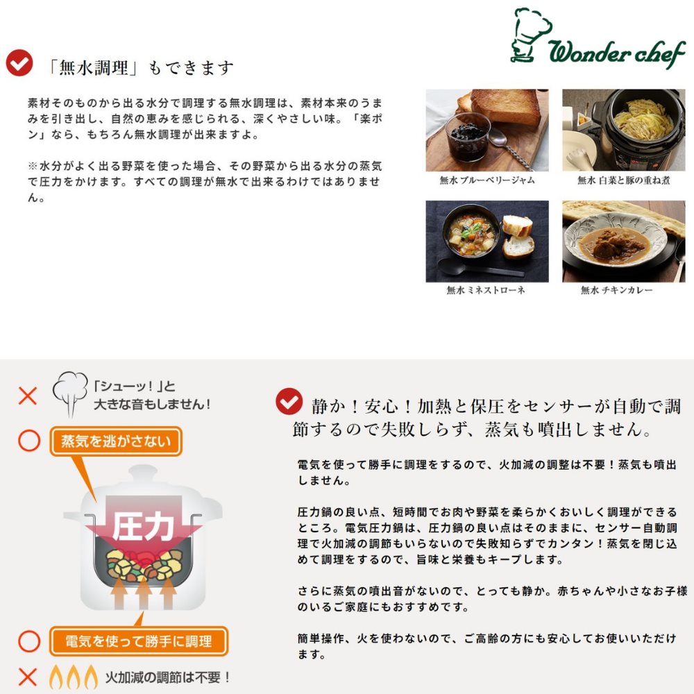 業務用 送料無料 マイコン ワンダーシェフ ハンバーグ プロ ポン と入れて ピッ と押すだけ あとは待つだけ楽楽調理 8l 電気 圧力鍋 電気圧力鍋 電気圧力釜 Oedf80 加圧 楽ポン 加熱 オート 自動 時短 煮物 肉 野菜 ハンバーグ カレールー 簡単 調理 保温