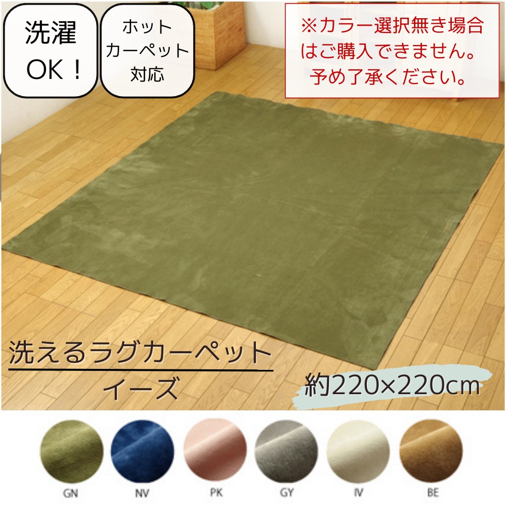 【メーカー直送品】ラグ カーペット 3畳 洗える 無地 約220×220cm | らぐ 敷きもの 短毛 薄型 マイクロファイバー なめらか へたりにくい 丸洗い 清潔 お手入れ簡単 軽量 滑り止め付 床暖房対応 ホットカーペット対応 つまづきにくい 年配 ご高齢 イーズ イケヒコ|丸福商店