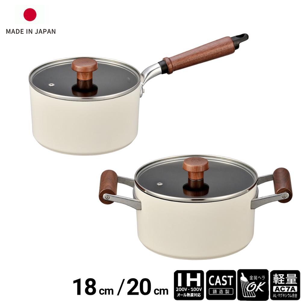 日本製 鍋 プレール IH対応 片手鍋 18cm 両手鍋 20cm | 鍋 軽量 軽い 丈夫 木目 ホワイト ガス火 IH対応 ガラス蓋 フタ付き アルミキャスト 鋳造 フッ素 コーティング SGマーク 耐久性 テフロン プラチナプラス 高級 かわいい おしゃれ プレゼント