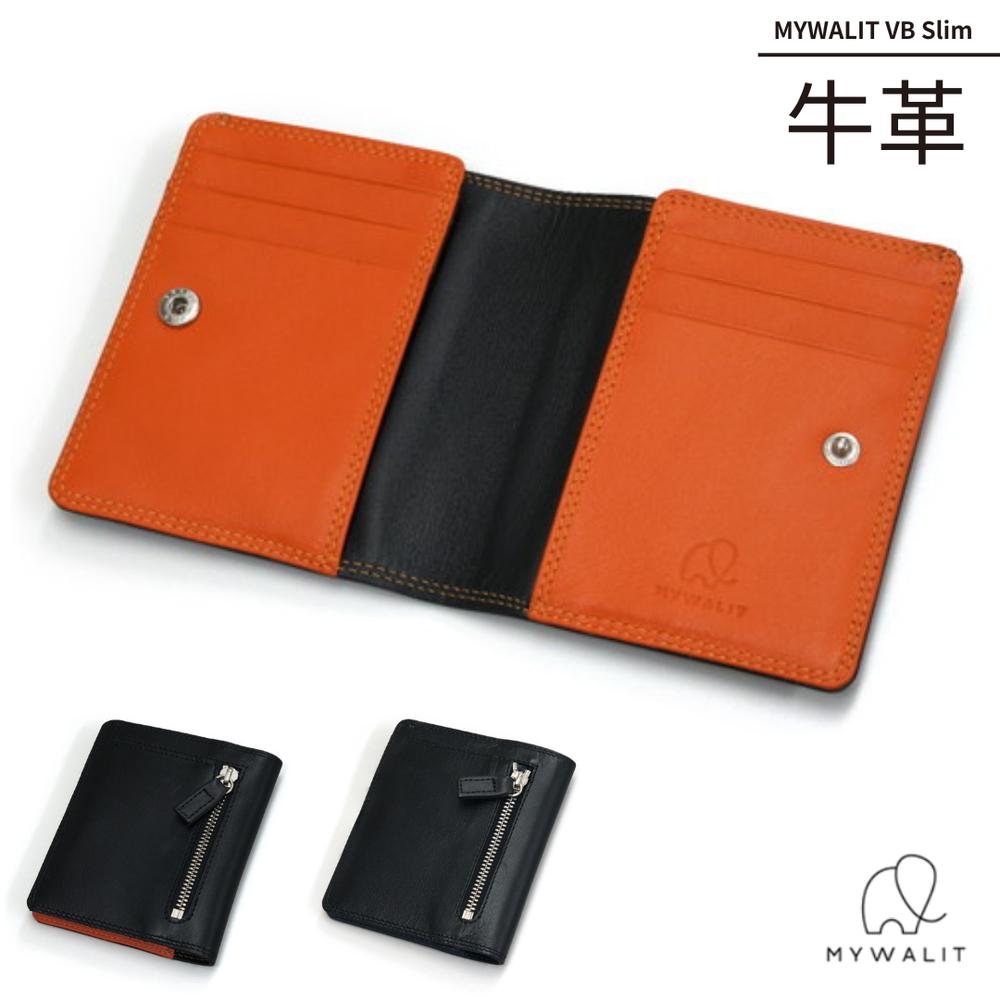 MYWALIT スリム 二つ折り ウォレット 財布 ブラック/オレンジ | マイワリット レディース メンズ ユニセックス 本革 牛革 天然素材 革財布 ブランド 小銭入れ カード入れ コイン カード ポケット おしゃれ かわいい 使いやすい