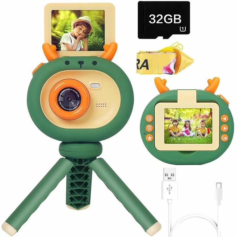 1080P 4800万画素 32GBカード付き 2.4インチIPS大画面 三脚付き 自撮りバー モニター180°反転可能 子供用カメラ