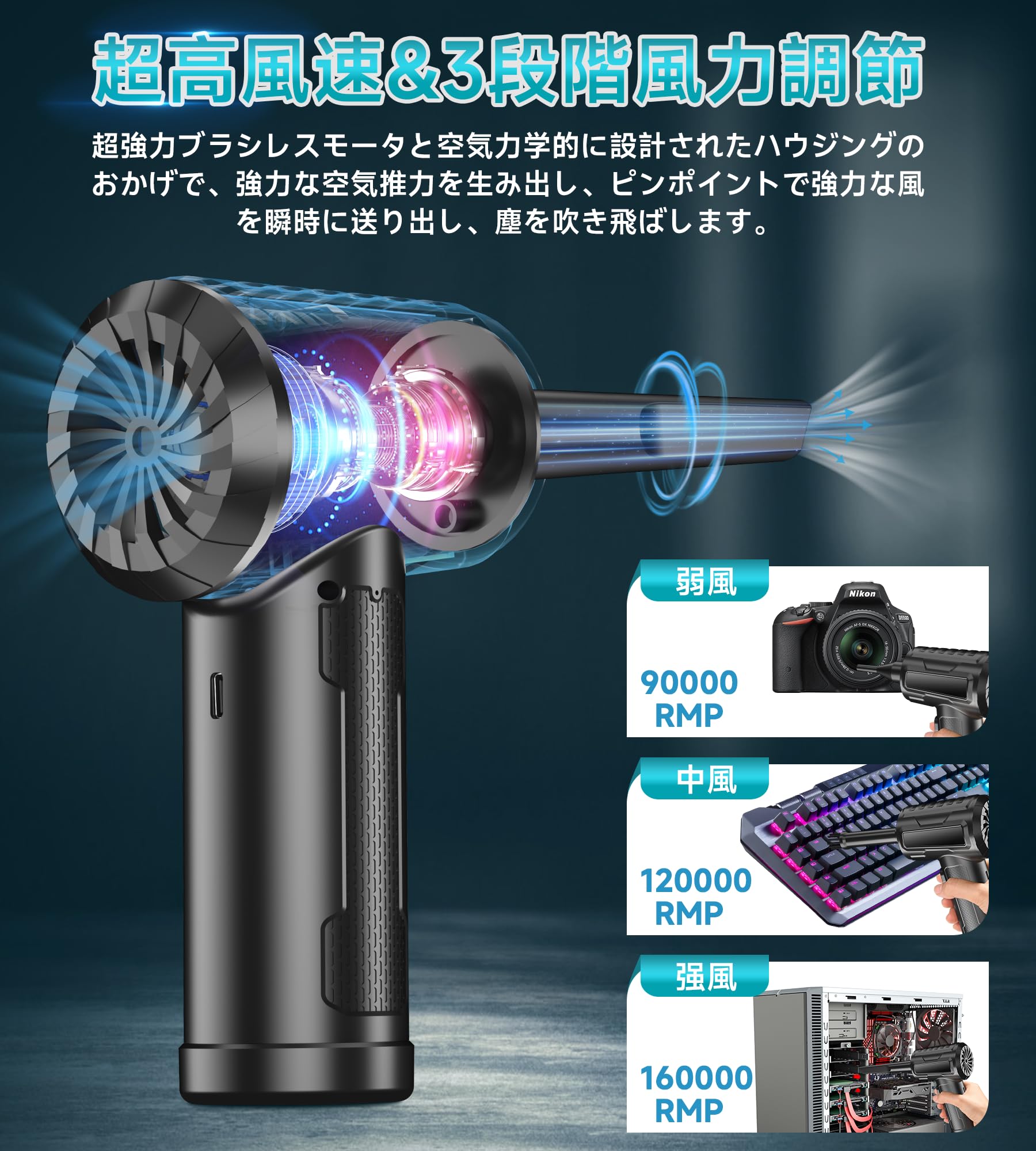 エアダスター 電動エアダスター 強力160000RPM 3段階風力調整 6000mAh 5種類ノズル付き LEDライト付き Type-C充電